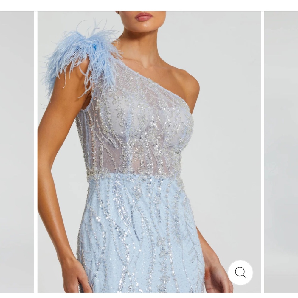 Mac Duggal feathered one shouldered embroidered appliqué gown